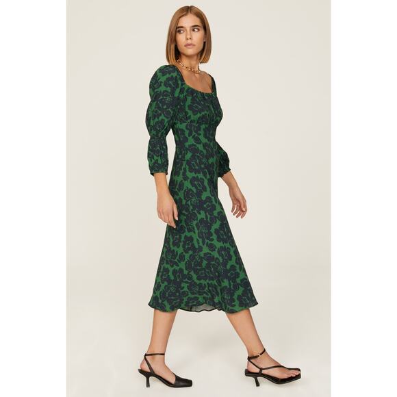 Peter Som Green Floral Print Crepe Long Sleeve Square Neck Midi Dress Size 6 - Picture 2 of 16